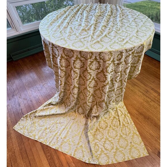Vintage 1960s curtain, shiny avocado green & white brocade, MCM blackout panel - Picture 1 of 10